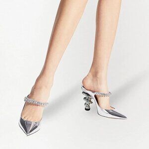 Size 9.5 YDN Women Trendy Metallic Spiral Heels Slip On Sandals Rhinestone Strap